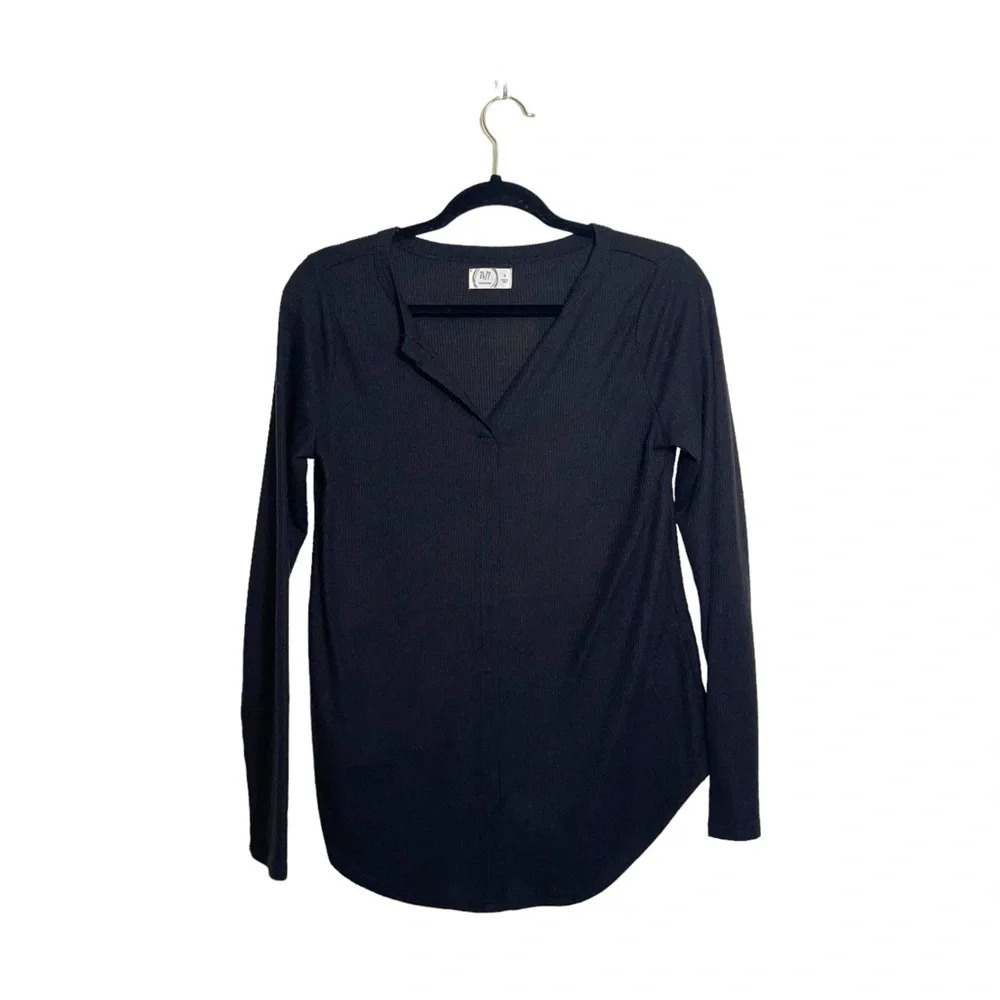 Maurices 24/7 Black Waffle Knit Split Neck Long Sleeve Top Small Women’s